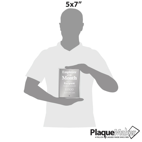 Size Guide With Blank Figure Holding Custom Rectangle Glass Award For Employee Of The Month Showing Customizable Areas