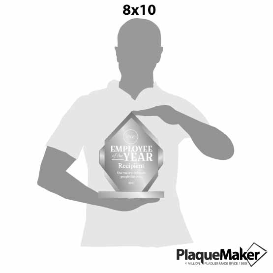 Size Guide With Blank Figure Holding Custom Diamond Glass Award For Employee Of The Year With Faceted Edges And Glass Base