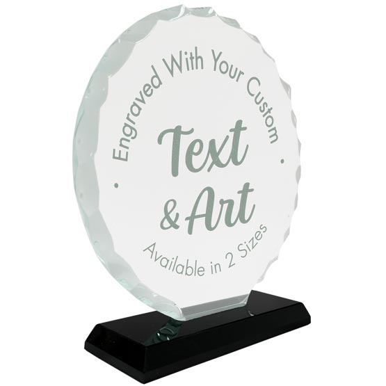 Custom Faceted Circle Glass Award With Small Black Base And Showing Customizable Areas For Text And Artwork