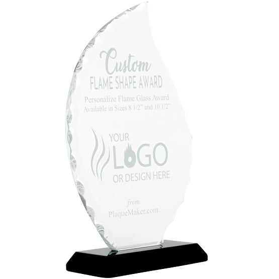 A custom flame-shaped glass award on a black rectangular base, shown on a plain white background. The clear glass engraved text on the front with the placeholder artwork.