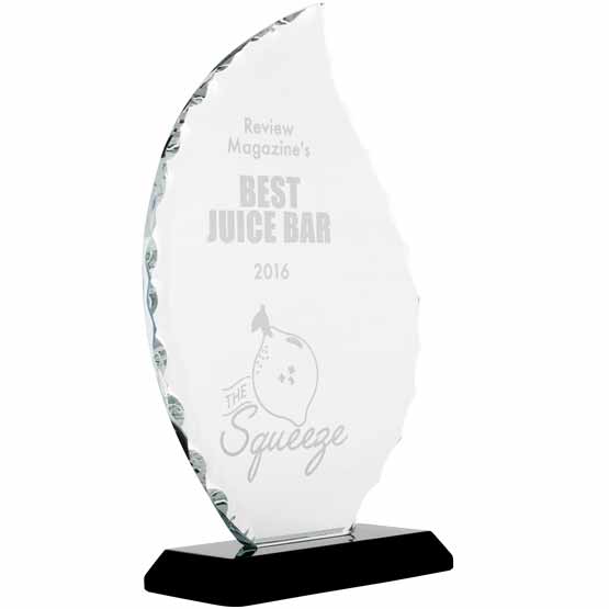 Custom Faceted Flame Glass Award For Best Juice Bar With Company Logo And Date Standing Via Black Base