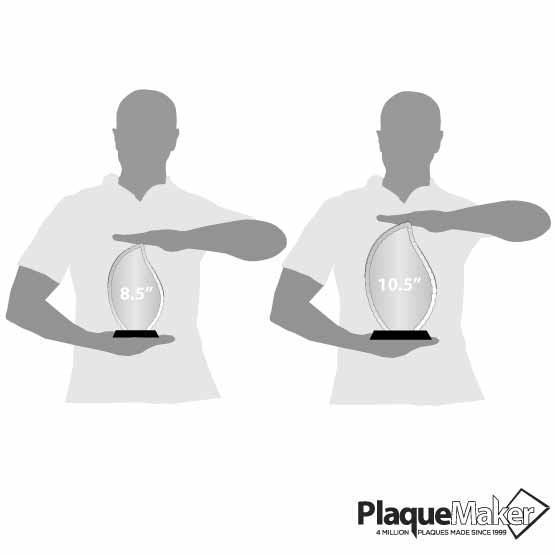 Size Guide With Blank Figures Holding Two Different Sizes Of Custom Faceted Flame Glass Awards With Black Base