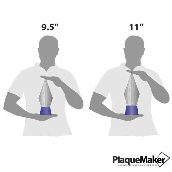 Size Guide With Blank Figures Holding Two Different Sizes Of Custom Faceted Obelisk Glass Awards With Blue Pedestal Base