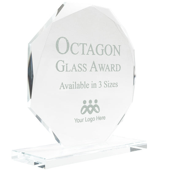 Custom Octagon Glass Award With Faceted Edges Showing Customizable Areas For Text And Art Standing Via Glass Base