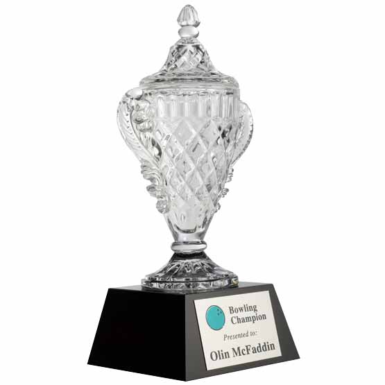 Custom Glass Award For Bowling Champion With Ornate Trophy Cup Shape Standing On Black Base With Personalized Metal Plate