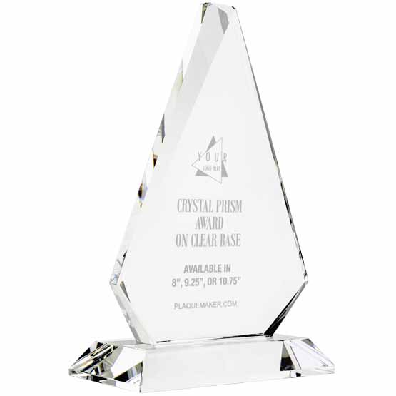 Custom Diamond Prism Glass Award Showing Customizable Areas For Artwork And Text Standing Via Clear Glass Base