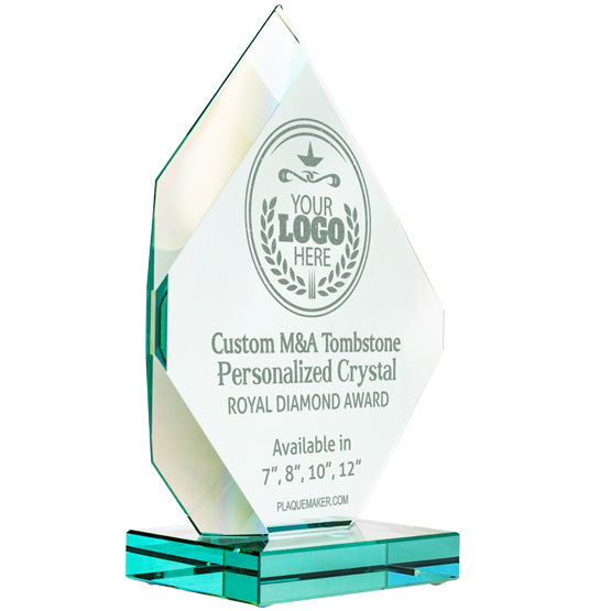 A custom M&A Tombstone crystal award in a diamond shape, set at an angle with engraved text and placeholder art against a white background.