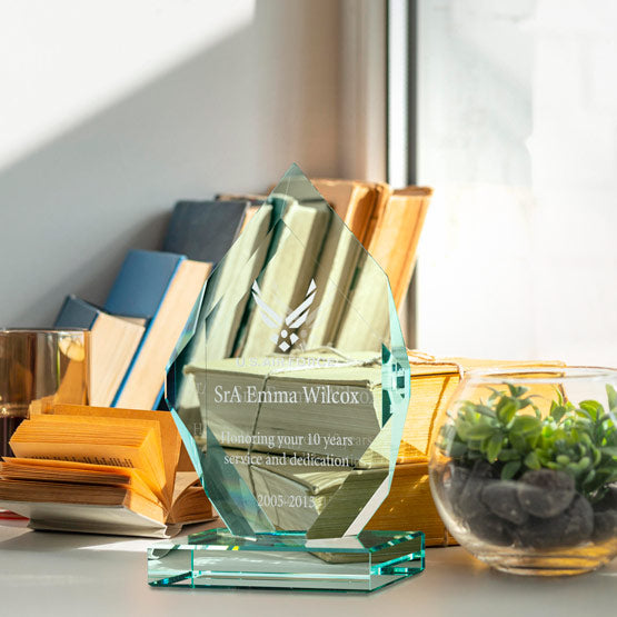 A custom glass award trophy with a geometric design and a military-style insignia, engraved with the name 'SrA Ermina Wilcox' and a service ribbon, displayed on a shelf next to books and a small succulent.