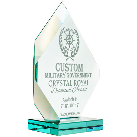 A custom clear glass award shaped like a diamond with personalized engraved text and placeholder artwork, set at a slight angle and displayed on a white background.