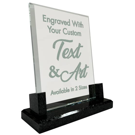 Custom Faceted Rectangle Glass Award Showing Customizable Areas For Text And Art And Standing Via Ornate Black Base