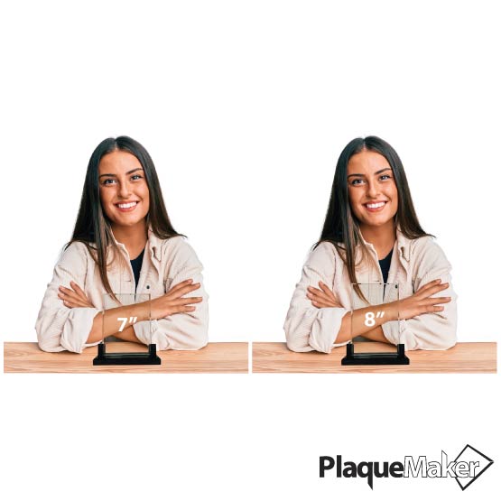 Size Guide With Happy Woman Sitting Behind Two Sizes Of Custom Faceted Rectangle Glass Awards With Ornate Black Bases