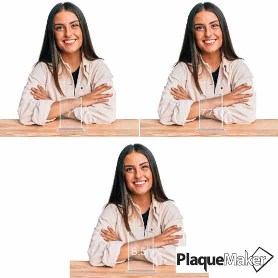 Size Guide With Happy Woman Sitting Behind Three Different Sizes Of Custom Faceted Rectangle Glass Award With Glass Base