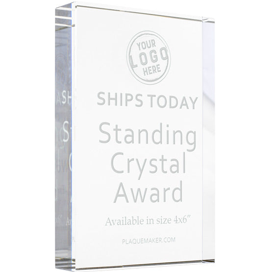 Custom Same Day Glass Award With Rectangle Shape And Freestanding Design And Showing Customizable Areas For Text And Art