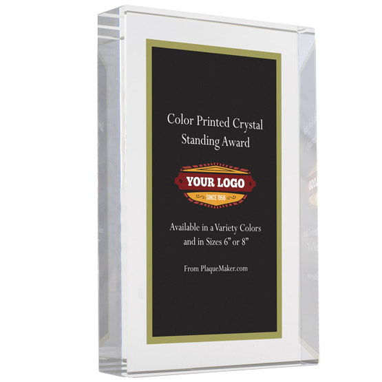 Freestanding Glass Award With Black Screen Color Printed To Show Customization Options And Areas Against White Background