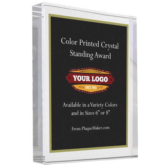 Freestanding Glass Award With Black Screen Color Printed To Show Customization Options And Areas Against White Background