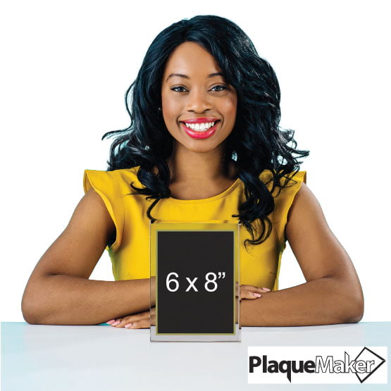 Size Guide With Happy Woman Sitting Behind 6 By 8 Standing Glass Award With Black Screen And Showing Measurements