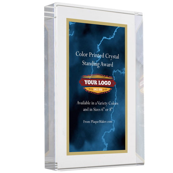 Freestanding Glass Award With Blue Screen Color Printed To Show Customization Options And Areas Against White Background