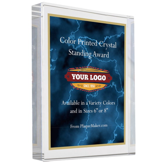 Freestanding Glass Award With Blue Screen Color Printed To Show Customization Options And Areas Against White Background
