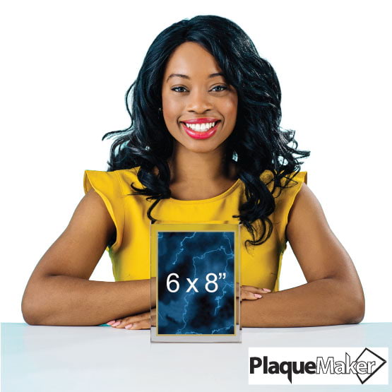 Size Guide With Happy Woman Sitting Behind 6 By 8 Standing Glass Award With Blue Screen And Showing Measurements