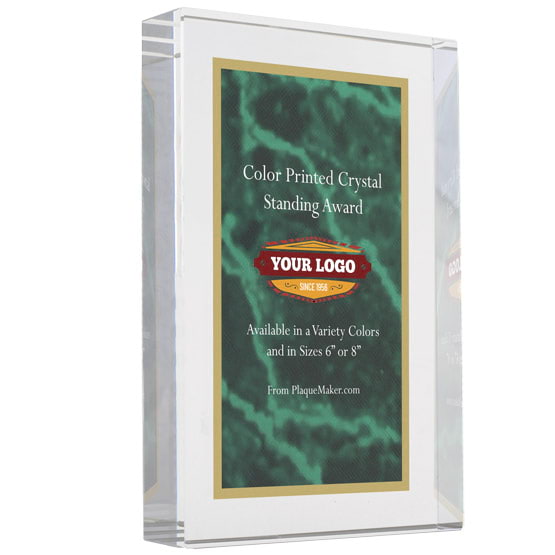 Freestanding Glass Award With Green Screen Color Printed To Show Customization Options And Areas Against White Background