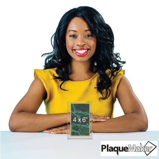 Size Guide With Happy Woman Sitting Behind 4 By 6 Standing Glass Award With Green Screen And Showing Measurements