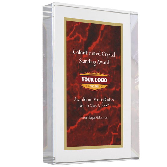 Freestanding Glass Award With Red Screen Color Printed To Show Customization Options And Areas Against White Background