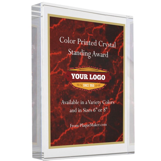 Freestanding Glass Award With Red Screen Color Printed To Show Customization Options And Areas Against White Background