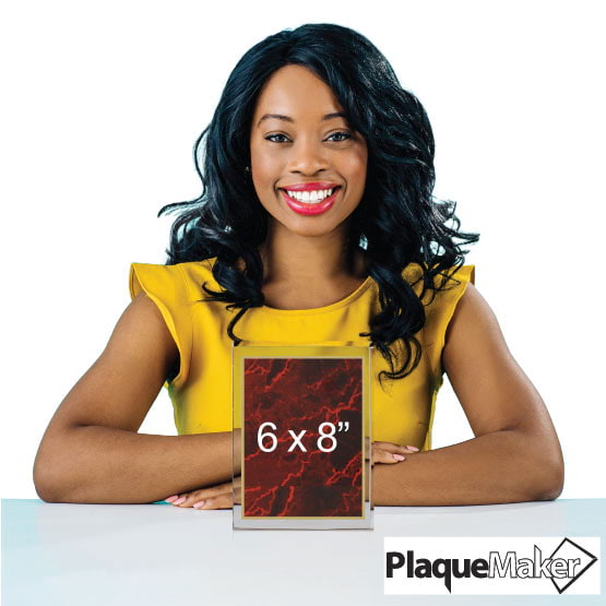 Size Guide With Happy Woman Sitting Behind 6 By 8 Standing Glass Award With Red Screen And Showing Measurements