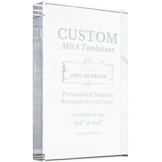 A custom rectangular glass crystal trophy shown at a slight angle on a white background, featuring custom engraved text and placeholder artwork.