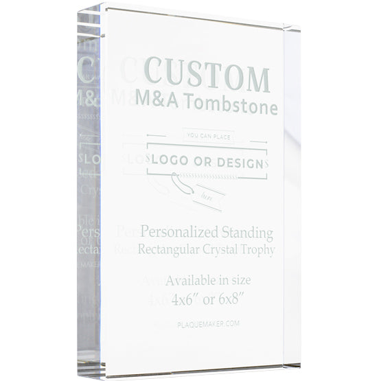 A custom rectangular glass crystal trophy shown at a slight angle on a white background, featuring custom engraved text and placeholder artwork.