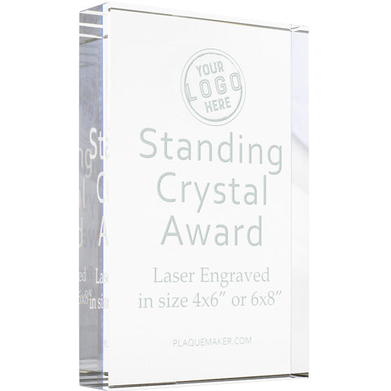 Custom Rectangle Glass Award With Freestanding Design And Showing Customizable Areas For Text And Artwork