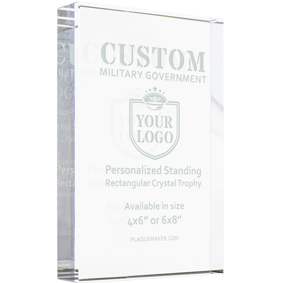 A custom clear glass award with personalized engraved text and placeholder artwork, set at a slight angle and displayed on a white background.