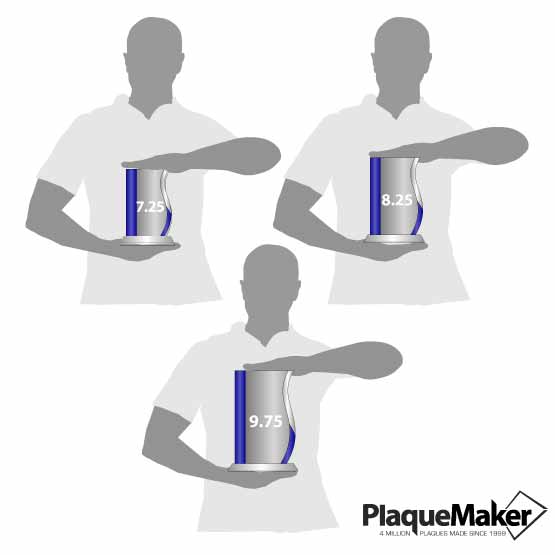 Size Guide With Blank Figures Holding Three Different Sizes Of Custom Wave Shaped Glass Award With Blue Edge And Glass Base