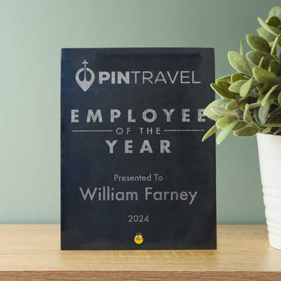 Custom Rectangle Shaped Granite Award For Employee Of The Year Standing Via Gold Pin On Wood Shelf With Potted Plant