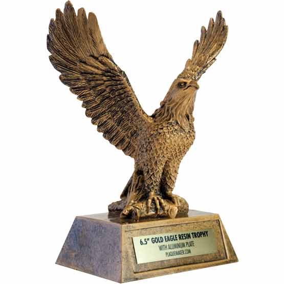 Custom Gold Resin Eagle Trophy On A Resin Base With Aluminum Metal Plate Showing Customizable Areas And Measurements