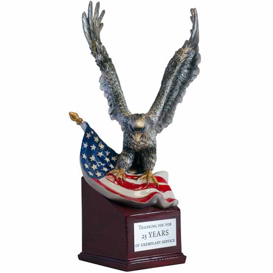 Custom Silver Resin Eagle And United States Flag Trophy For Years Of Service Standing Via Red Resin Base With Metal Plate