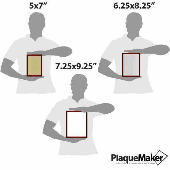 Size Guide With Blank Figures Holding Three Different Sizes Of Custom Rosewood Piano Finish Plaque With Unique Metal Plates