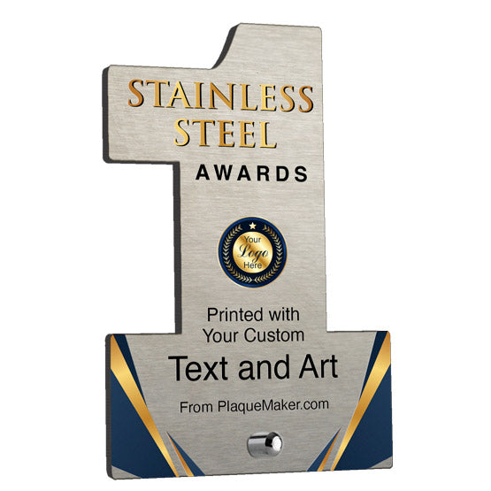Number One Shaped Stainless Steel Award Color Printed To Show Customization Options And Areas Against White Background