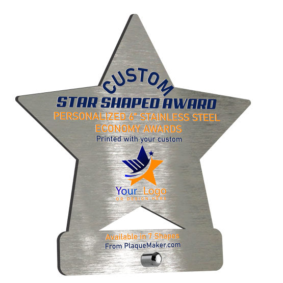 A stainless steel metal star-shaped award with personalized text and a placeholder artwork color printed on the front, a small silver pin for mounting is at the bottom of the award displayed on a white background.