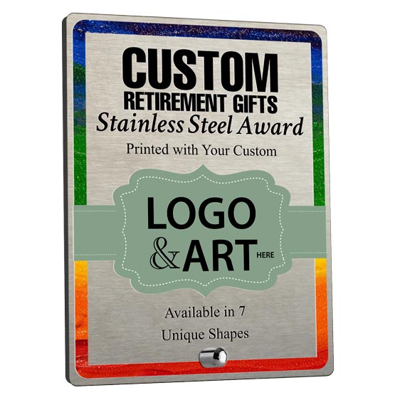 A custom rectangular stainless steel award with a silver on the bottom for mounting, a colorful design is printed on the front with placeholder art, set on a plain white background.