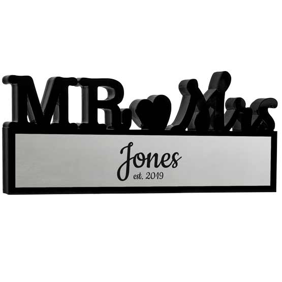 Custom Black Acrylic Sign With Cutout Of Mister And Missus And Heart Above Rectangle Aluminum Plate With Name And Date