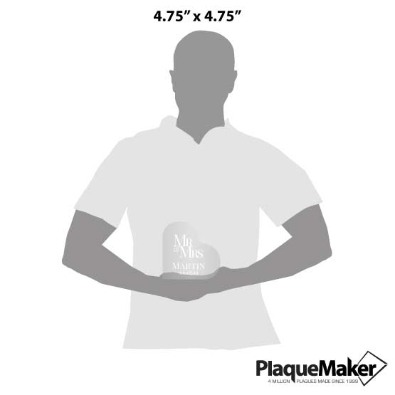 Size Guide With Blank Figure Holding Custom Heart Shaped Acrylic Keepsake With Mister And Missus Text And Name And Date