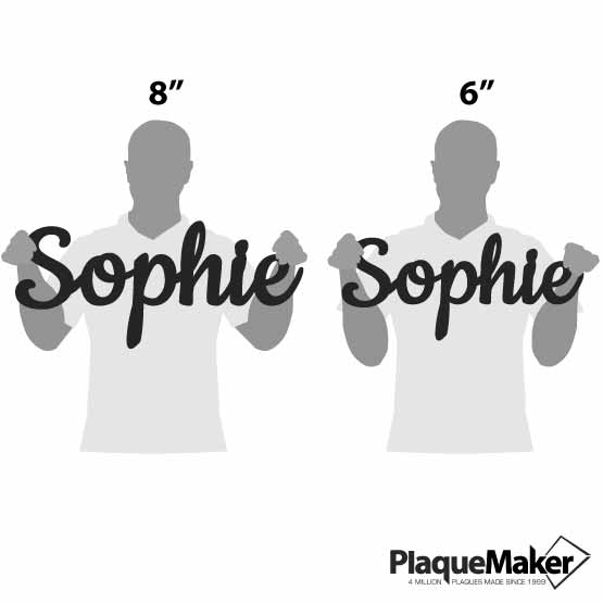 Size Guide With Blank Figures Holding Two Sizes Of Custom Black Acrylic Sign Featuring Cursive Cutout Of The Name Sophie