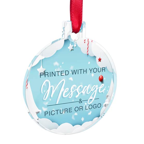 Custom Ball Shaped Acrylic Ornament With Festive Snowy Artwork And Red Ribbon Showing Customizable Areas For Text And Art