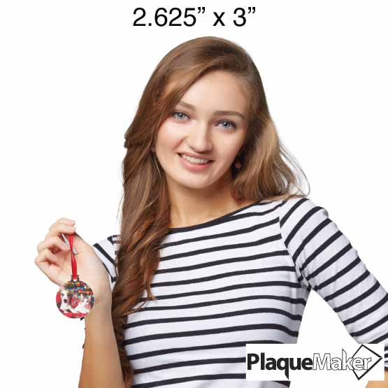 Size Guide With Woman Holding Up Custom Ball Shaped Acrylic Ornament With Red Ribbon And Full Color Photo Of Dog And Cat