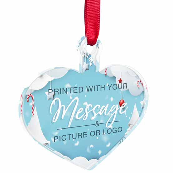 Custom Heart Shaped Acrylic Ornament With Red Ribbon And Full Color Festive Artwork Showing Customizable Areas