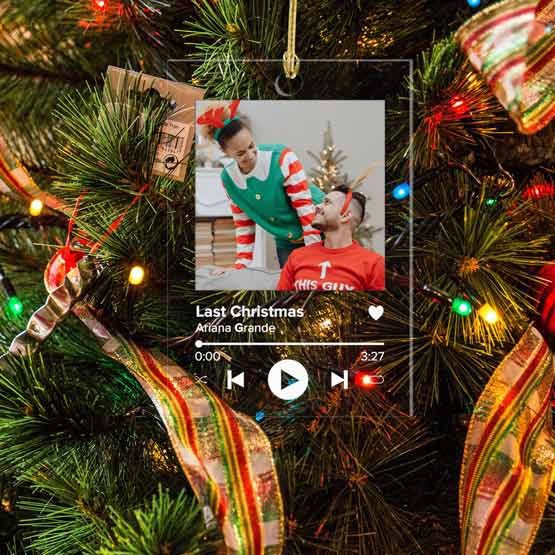 Custom Acrylic Ornament With Gold String And Music Album Design With Festive Couple Photo And Song Details On Christmas Tree