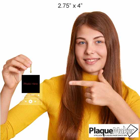 Size Guide With Woman Holding And Pointing To Custom Acrylic Ornament With Gold String And Customizable Music Album Design