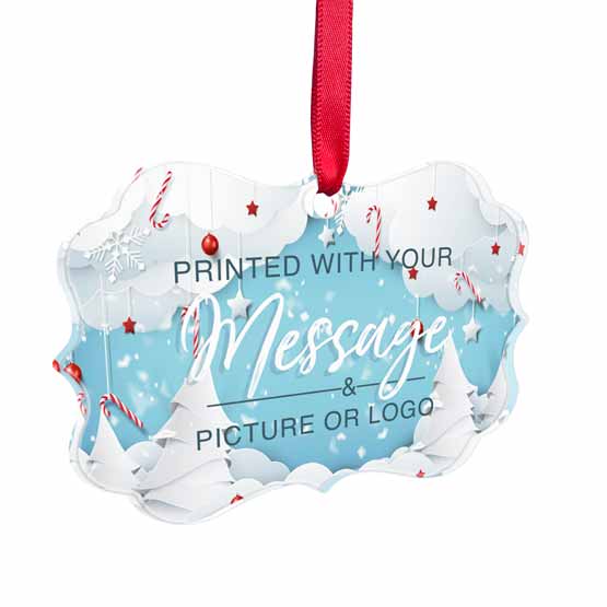 Custom Ornate Acrylic Ornament With Red Ribbon And Full Color Winter Art Showing Customizable Areas