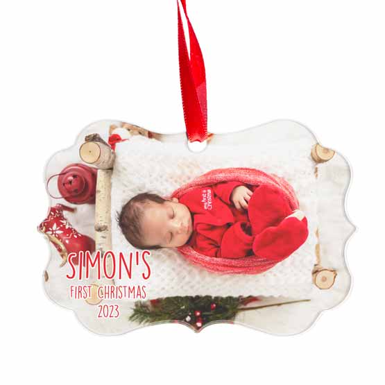 Custom Ornate Acrylic Ornament With Red Ribbon And Full Color Photo Of Baby In Crib Near Festive Decor With Name And Date